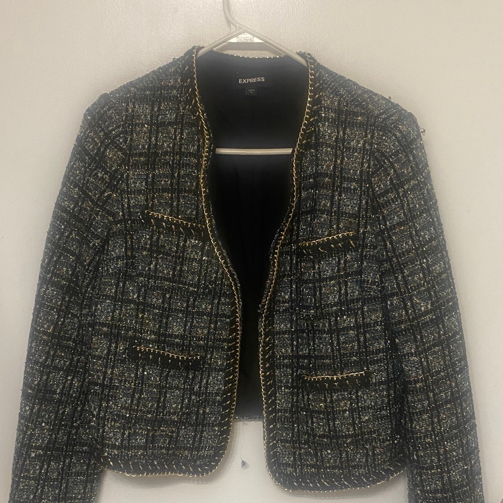 Express Black Tweed Jacket with Gold Chain Trim